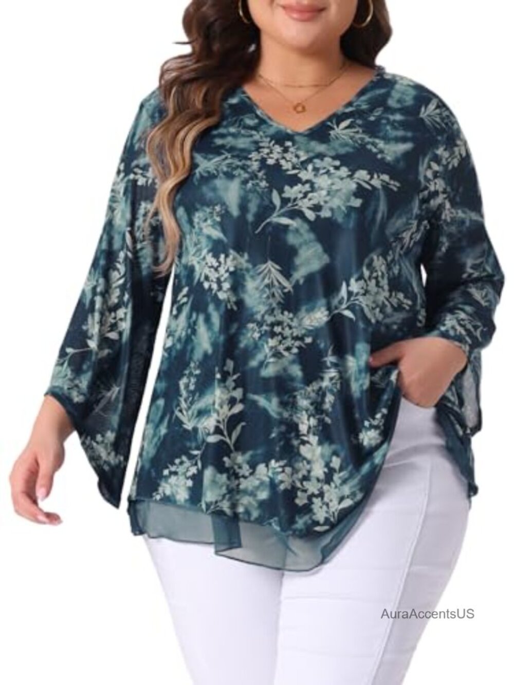 Women's Plus Size Flowy Mesh Tunic Top 3/4 Sleeve Square Neck Dressy Blouse